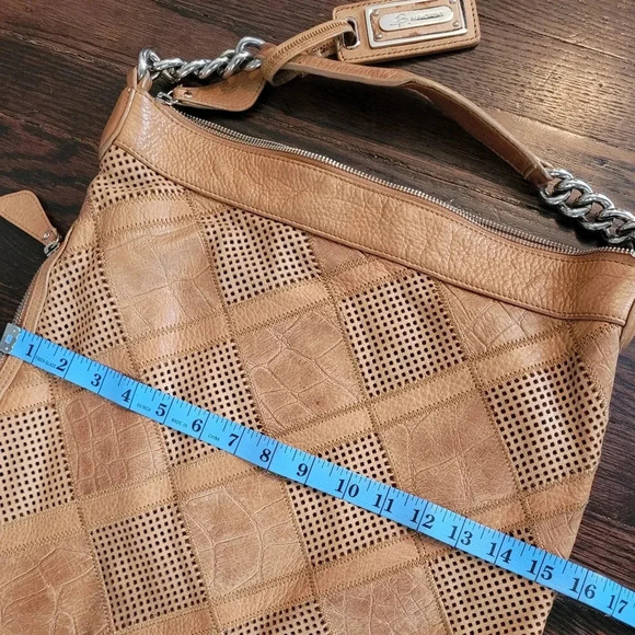 B. MARKOWSKY XL BOHO leather pebbled perforated Patchwork shoulder bag purse TAN - Picture 13 of 15